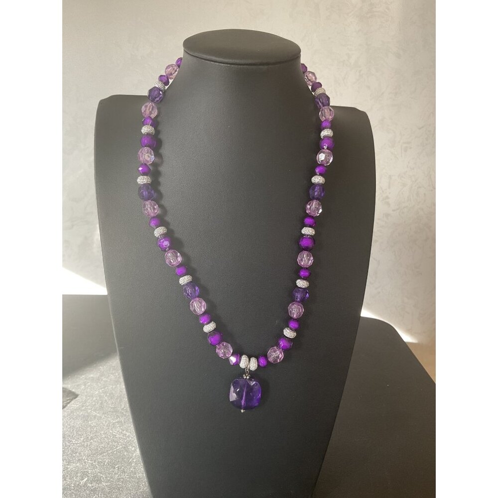 Purple Beaded Necklace With Large Pendant & Silver Clasp
